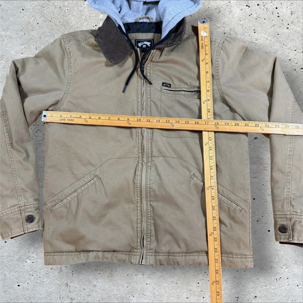 Billabong Hooded Canvas Work Jacket Tan Mens Size S Corduroy Collar Pullover